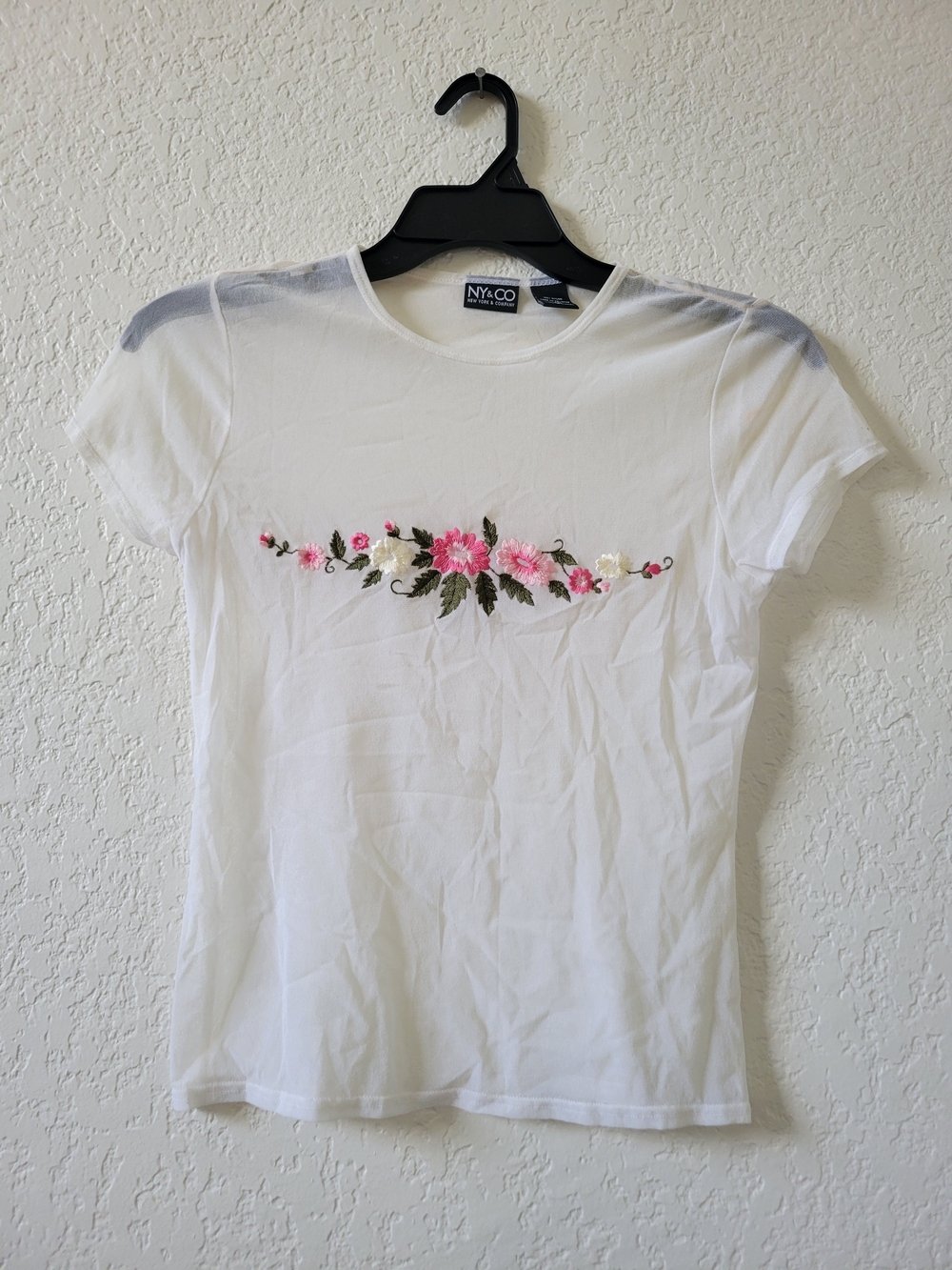 New York & Company White Tee with Pink and Cream Floral Embroidery